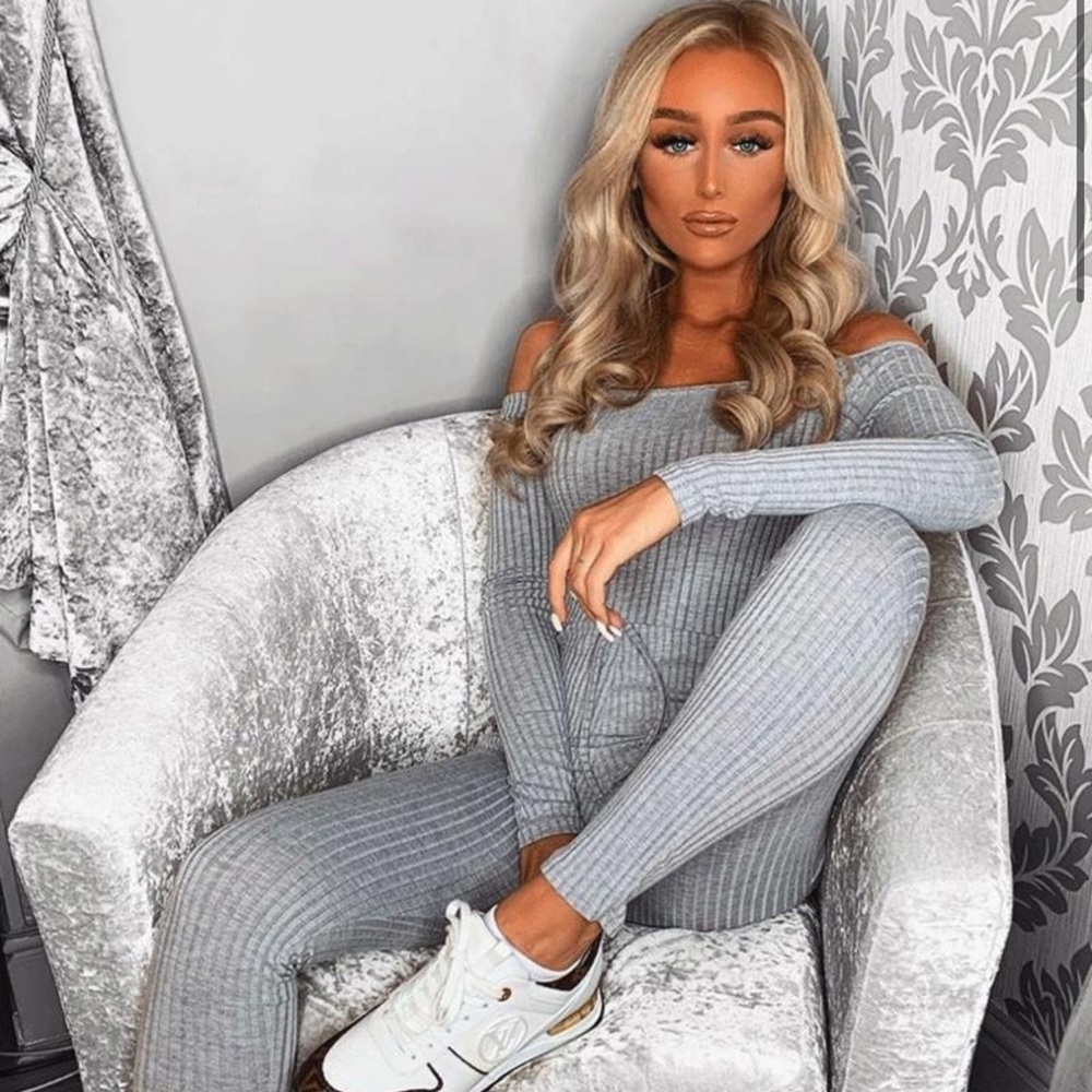 Grey Rib Knit Long Sleeve Bardot Jumpsuit.